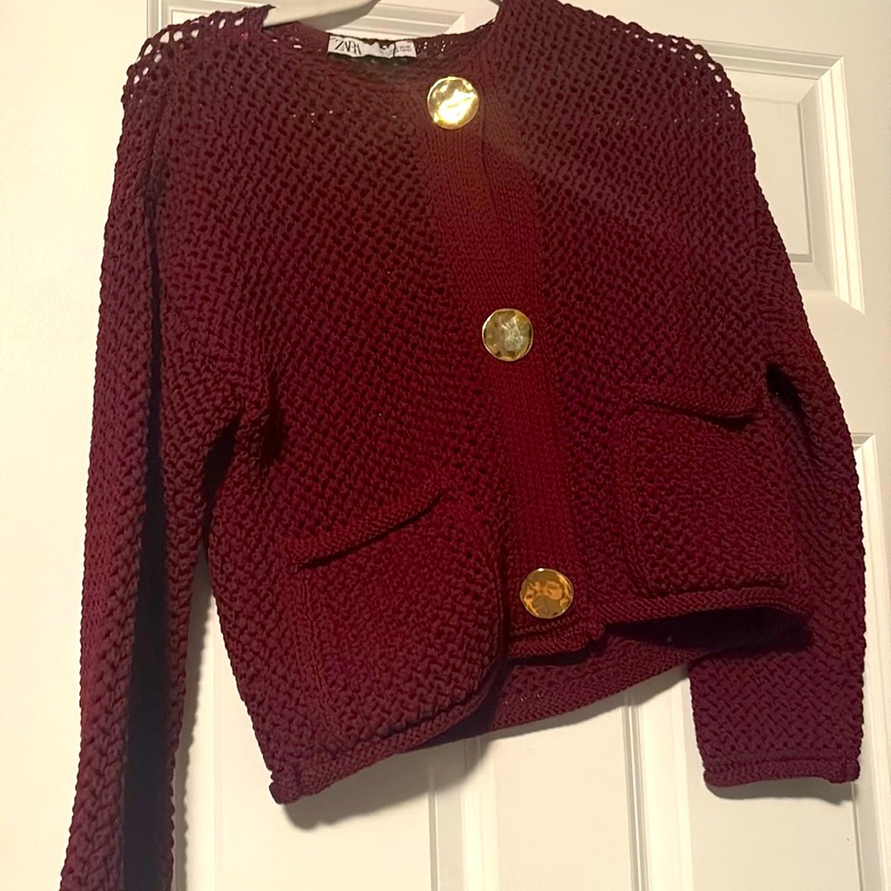 Zara open knit burgundy chunky sweater with gold buttons